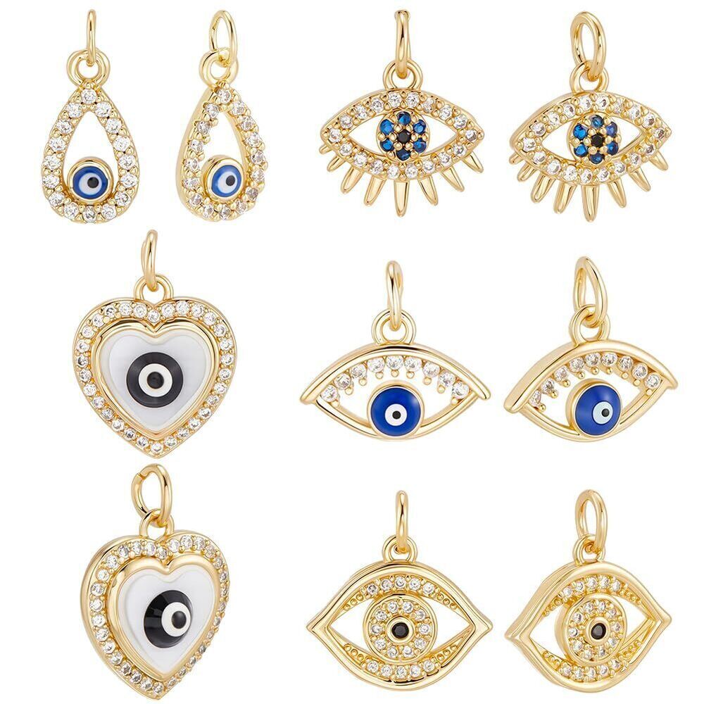3761 10Pcs 5 Styles Evil Eye Charms 18K Gold Plated Cubic Zirconia Enamel